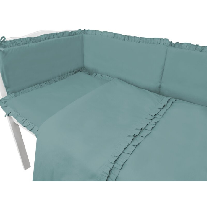 Lenjerie patut cu 5 piese, MimiNu, pentru patut 120x60 cm, cu volanase, cu pilota si perna, din bumbac, Colectia Royal, Nepal Green [2]