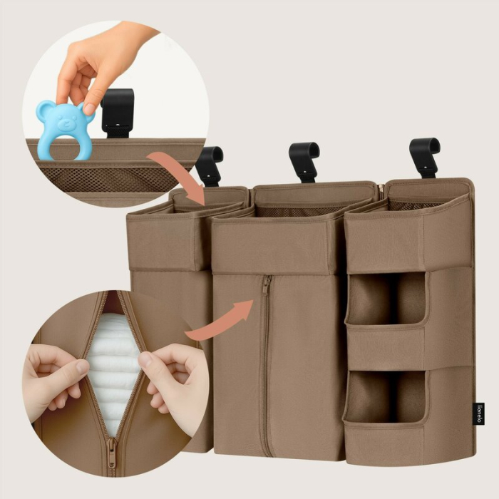 Organizator multifunctional, Lionelo, Sidepocket L, 58x11x58 cm, 3 parti independente cu multiple buzunare, Universal, Constructie ranforsata, Bej [13]