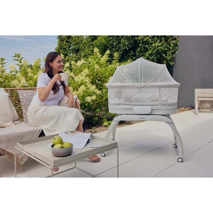 Patut balansoar, Lionelo, Coral, cu landou ergonomic detasabil, Functie de balansare integrata, Functie de cantar, Sunete si cantece de leagan, cu roti, Panou tactil sau telecomanda, 0-9 kg,  Alb [19]