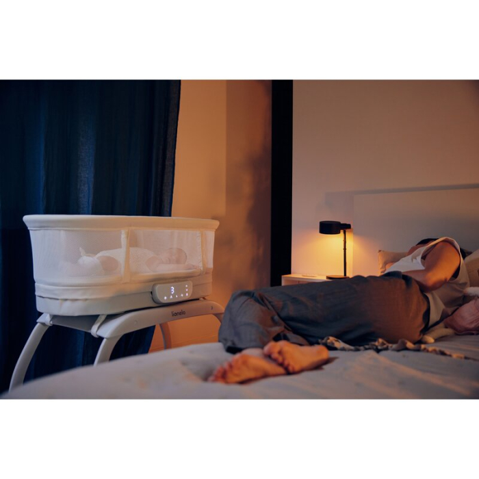 Patut balansoar, Lionelo, Coral, cu landou ergonomic detasabil, Functie de balansare integrata, Functie de cantar, Sunete si cantece de leagan, cu roti, Panou tactil sau telecomanda, 0-9 kg,  Alb [41]