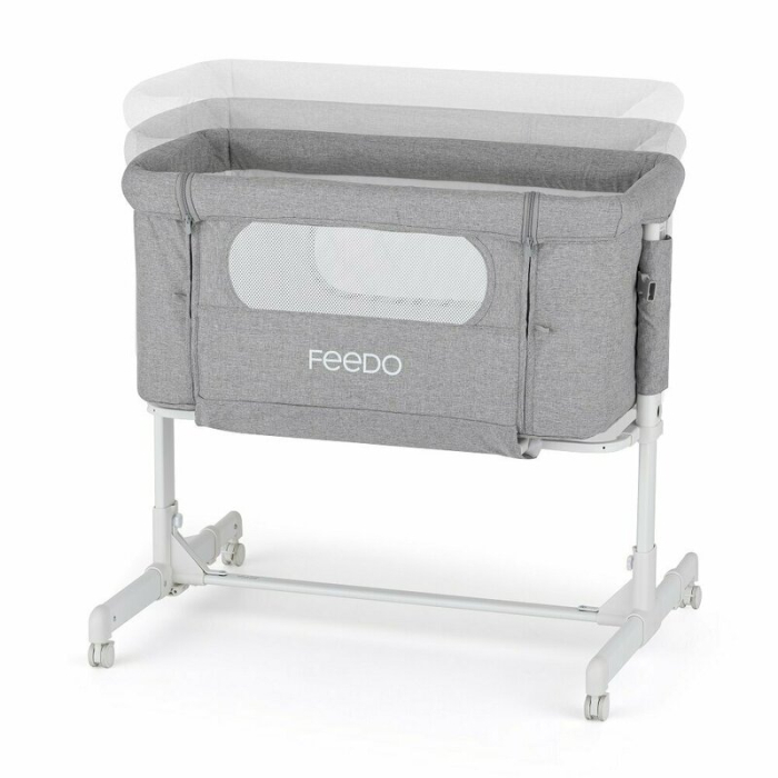Patut co-sleeper 2 in 1, Feedo, Pliabil, Reglabil in 5 pozitii, Cu laterala detasabila, Cu roti, Greutate maxima suportata 9 kg, 0-5 luni, Gri [2]