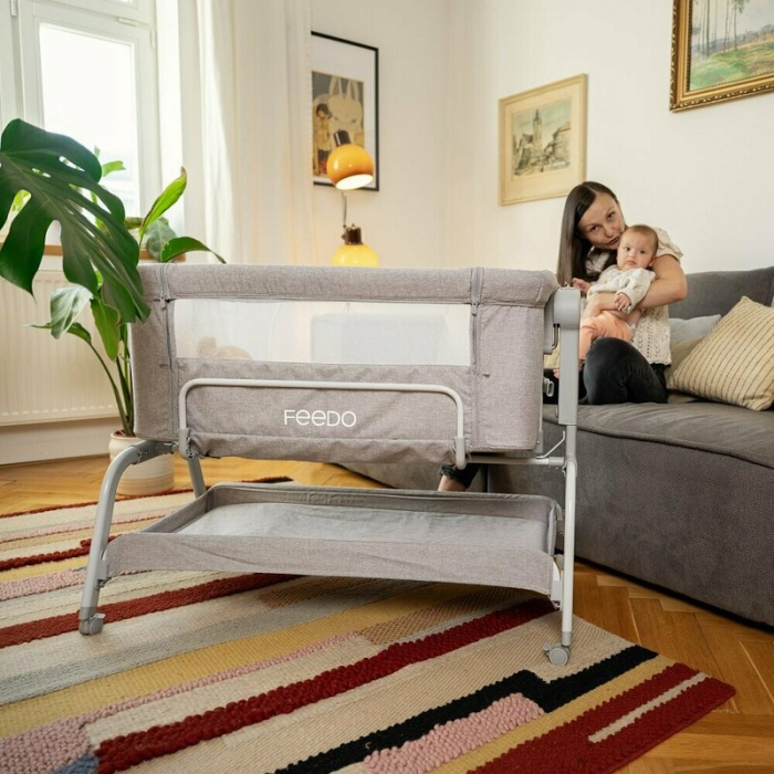 Patut co-sleeper, Feedo, Cu sistem de leganare, Inaltime adjustabila pana la 57-69 cm, sustine pana la 9 kg, 0 luni+ Gri [4]
