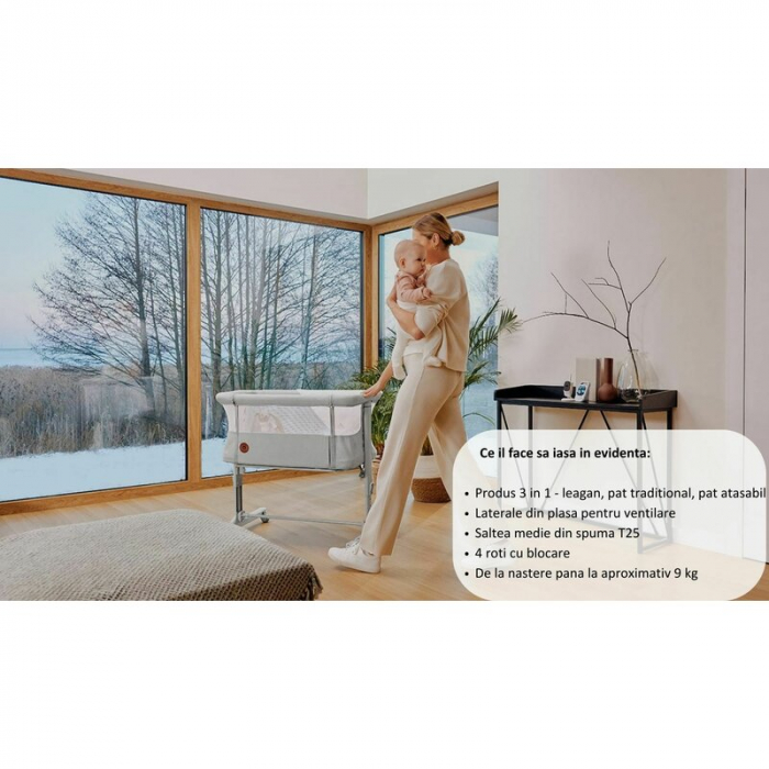 Patut co-sleeper Lionelo Aurora 3 in 1 cu leganare si setare unghiulara cu saltea cu densitate T25 si geanta transport [45]