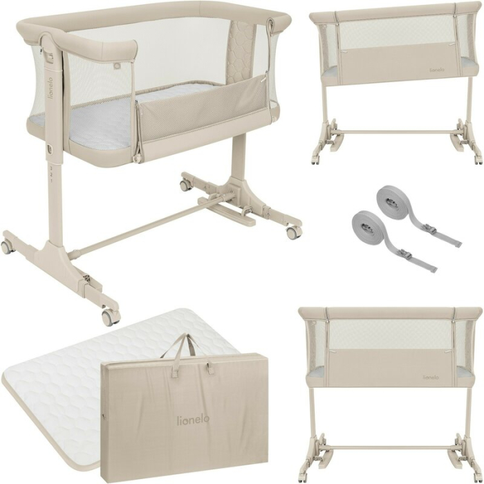 Patut co-sleeper, Lionelo, Pari, Multifunctional, Cu leganare, Reglabil in 6 pozitii pe inaltime, Saltea cu densitate T25, Geanta transport, 84x48x70-80 cm, Bej [3]
