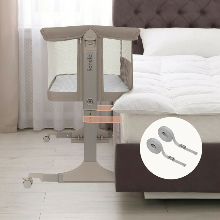 Patut co-sleeper, Lionelo, Pari, Multifunctional, Cu leganare, Reglabil in 6 pozitii pe inaltime, Saltea cu densitate T25, Geanta transport, 84x48x70-80 cm, Taupe [19]