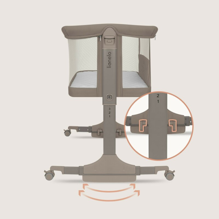 Patut co-sleeper, Lionelo, Pari, Multifunctional, Cu leganare, Reglabil in 6 pozitii pe inaltime, Saltea cu densitate T25, Geanta transport, 84x48x70-80 cm, Taupe [20]