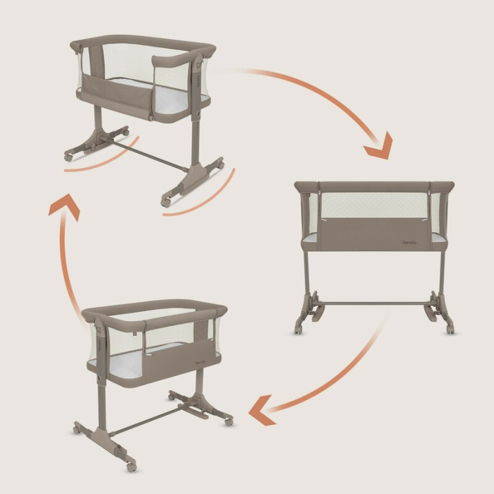 Patut co-sleeper, Lionelo, Pari, Multifunctional, Cu leganare, Reglabil in 6 pozitii pe inaltime, Saltea cu densitate T25, Geanta transport, 84x48x70-80 cm, Taupe [4]