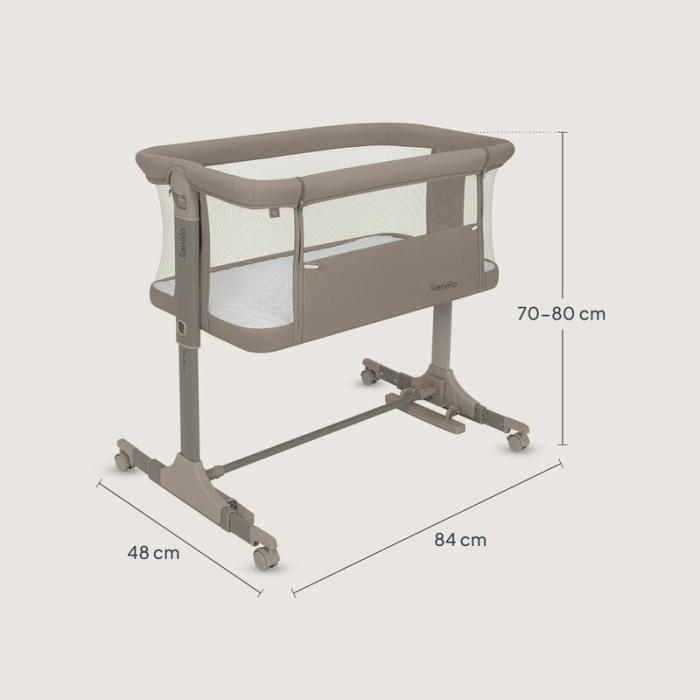 Patut co-sleeper, Lionelo, Pari, Multifunctional, Cu leganare, Reglabil in 6 pozitii pe inaltime, Saltea cu densitate T25, Geanta transport, 84x48x70-80 cm, Taupe [25]