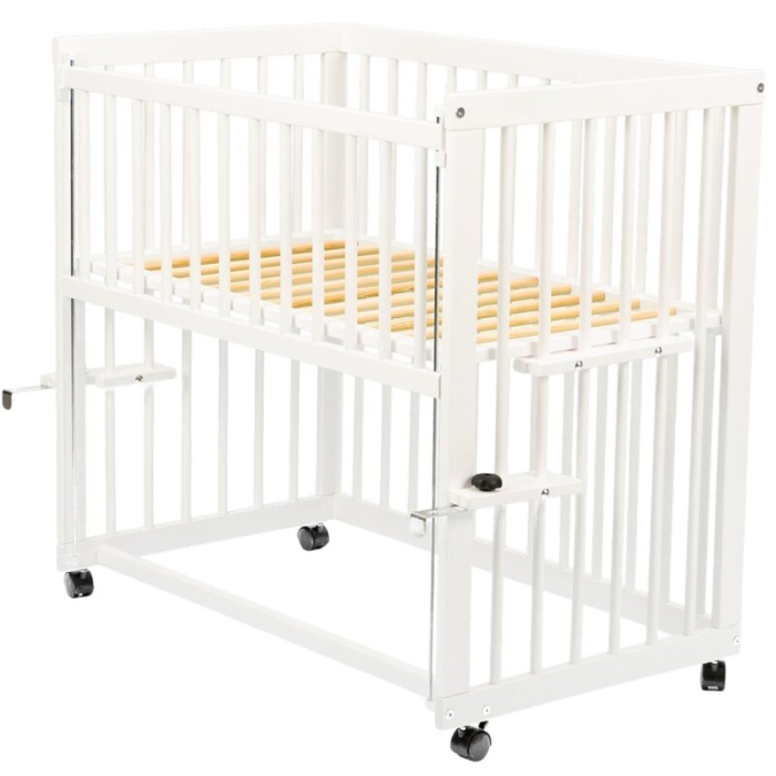 Patut co-sleeper, Qmini, Dalia, Multifunctional, 90x50 cm, Din lemn de pin, Reglabil pe orice treapta de inaltime la patul parintilor, Sistem de ancorare si roti cu frana incluse, Alb + Saltea 8 cm [8]