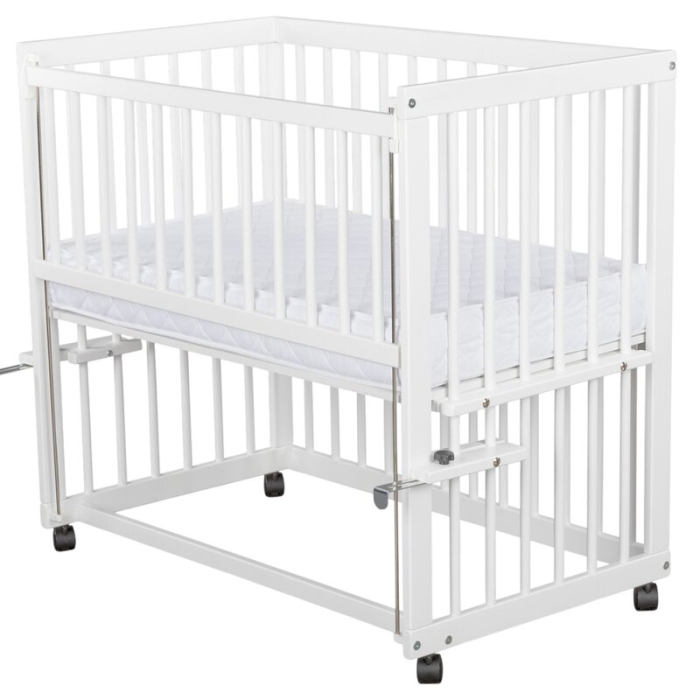 Patut co-sleeper, Qmini, Dalia, Multifunctional, 90x50 cm, Din lemn de pin, Reglabil pe orice treapta de inaltime la patul parintilor, Sistem de ancorare si roti cu frana incluse, Alb + Saltea 8 cm [5]