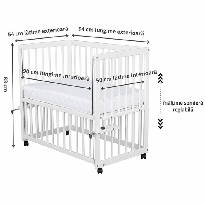 Patut co-sleeper, Qmini, Dalia, Multifunctional, 90x50 cm, Din lemn de pin, Reglabil pe orice treapta de inaltime la patul parintilor, Sistem de ancorare si roti cu frana incluse, Alb + Saltea 8 cm [9]
