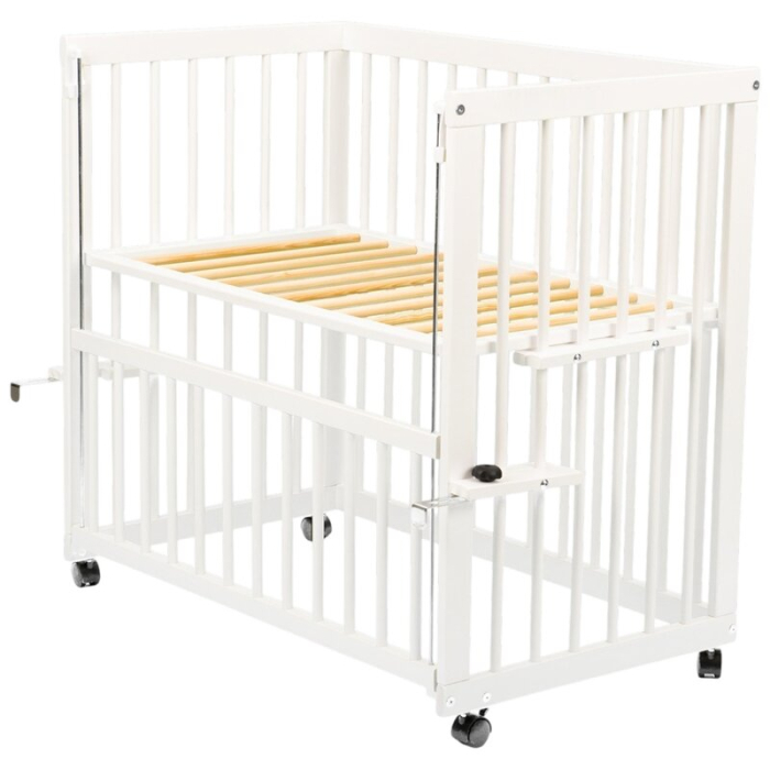 Patut co-sleeper, Qmini, Dalia, Multifunctional, 90x50 cm, Din lemn de pin, Reglabil pe orice treapta de inaltime la patul parintilor, Sistem de ancorare si roti cu frana incluse, Alb [7]