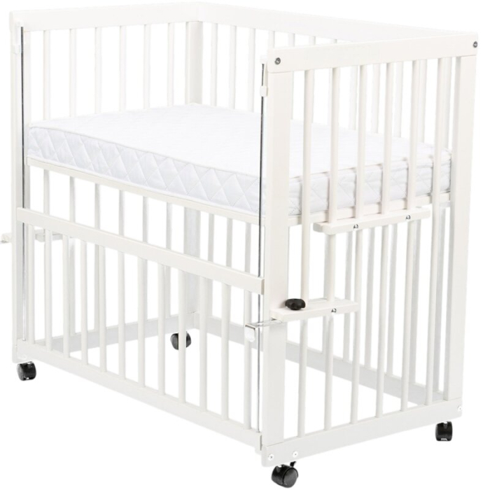 Patut co-sleeper, Qmini, Dalia, Multifunctional, 90x50 cm, Din lemn de pin, Reglabil pe orice treapta de inaltime la patul parintilor, Sistem de ancorare si roti cu frana incluse, Alb + Saltea 8 cm [6]