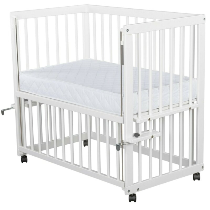 Patut co-sleeper, Qmini, Dalia, Multifunctional, 90x50 cm, Din lemn de pin, Reglabil pe orice treapta de inaltime la patul parintilor, Sistem de ancorare si roti cu frana incluse, Alb + Saltea 8 cm [4]