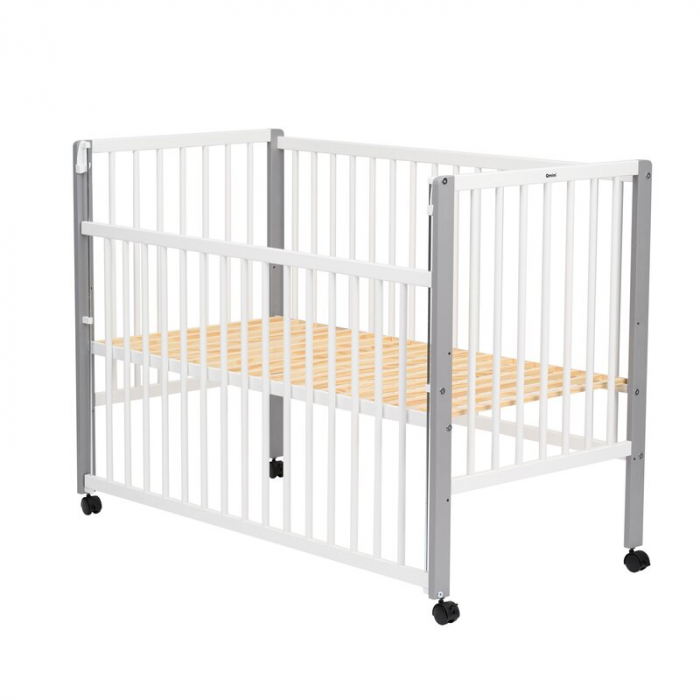 Patut din lemn bebe 120x60 cm cu laterala culisanta din lemn de pin si mdf Alb Qmini Maya [2]