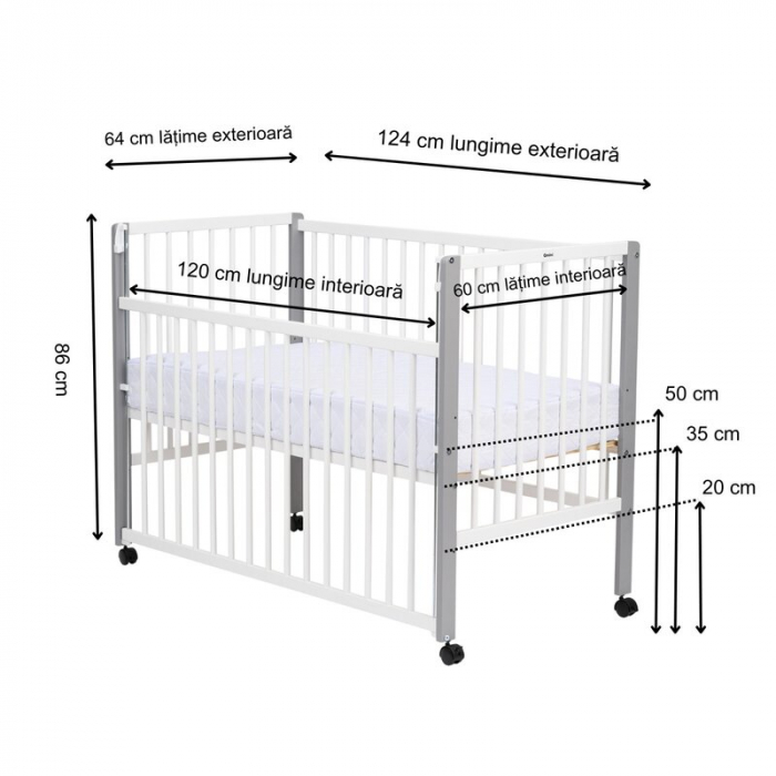 Patut din lemn bebe 120x60 cm cu laterala culisanta din lemn de pin si mdf Alb Qmini Maya [6]