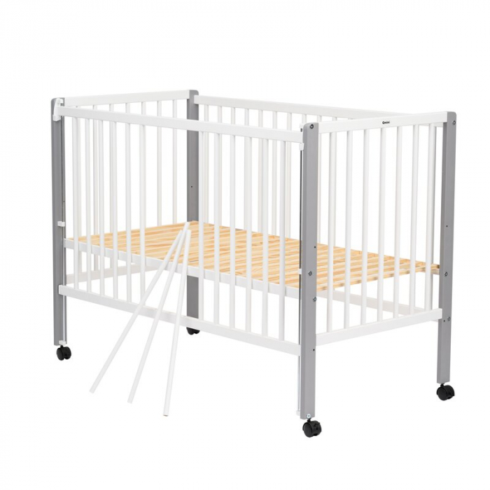 Patut din lemn bebe 120x60 cm cu laterala culisanta din lemn de pin si mdf Alb Qmini Maya [10]