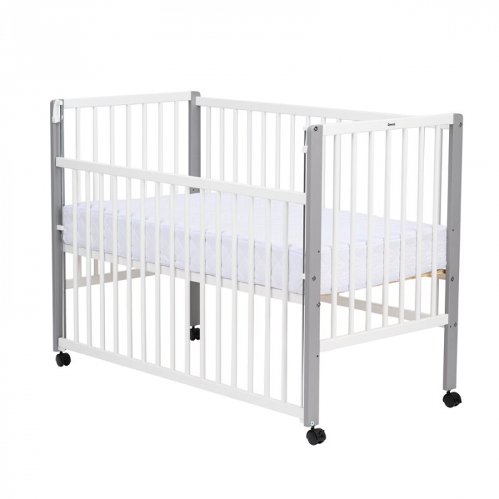 Patut din lemn bebe 120x60 cm cu laterala culisanta din lemn de pin si mdf Alb Qmini Maya [9]