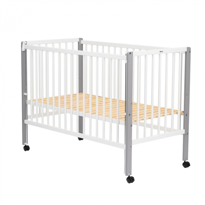 Patut din lemn bebe 120x60 cm cu laterala culisanta din lemn de pin si mdf Alb Qmini Maya [11]