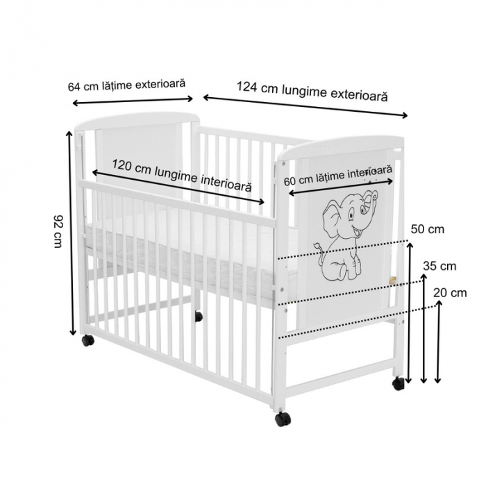 Patut din lemn bebe 120x60 cm cu laterala culisanta din lemn de pin si mdf Alb Qmini Timmi Elephant [4]