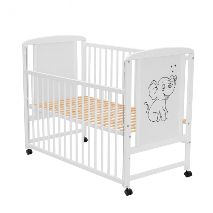 Patut din lemn bebe 120x60 cm cu laterala culisanta din lemn de pin si mdf Alb Qmini Timmi Elephant [8]