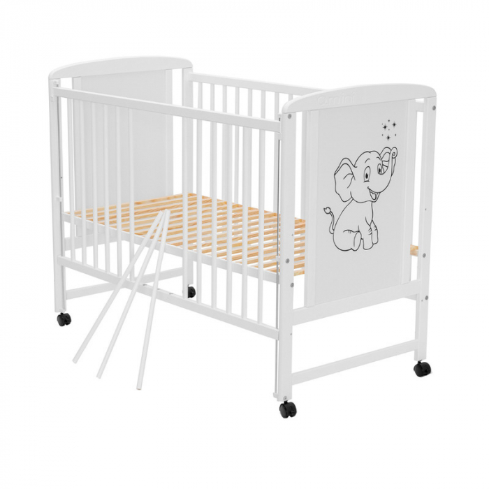 Patut din lemn bebe 120x60 cm cu laterala culisanta din lemn de pin si mdf Alb Qmini Timmi Elephant [6]