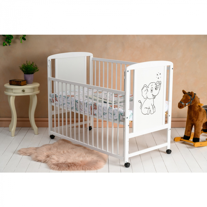 Patut din lemn bebe 120x60 cm cu laterala culisanta din lemn de pin si mdf Alb Qmini Timmi Elephant [1]
