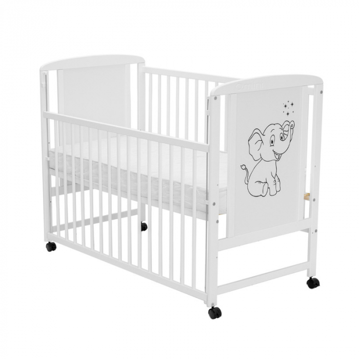 Patut din lemn bebe 120x60 cm cu laterala culisanta din lemn de pin si mdf Alb Qmini Timmi Elephant [9]