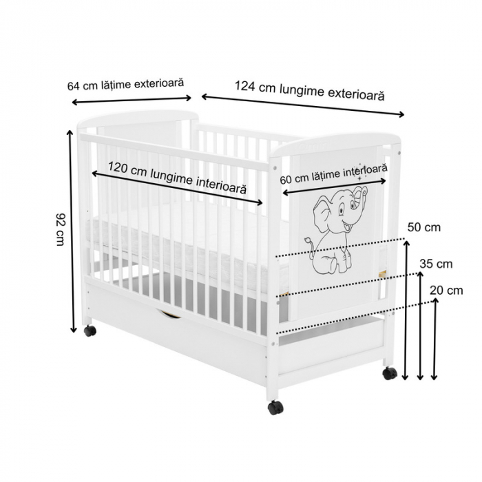 Patut din lemn bebe 120x60 cm cu sertar din lemn de pin si mdf Alb Qmini Timmi Elephant [4]