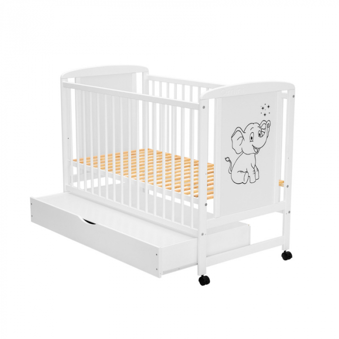 Patut din lemn bebe 120x60 cm cu sertar din lemn de pin si mdf Alb Qmini Timmi Elephant [6]
