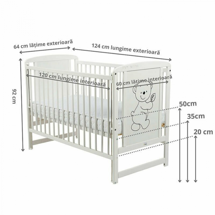Patut din lemn Timmi 120x60 cm cu laterala culisanta Alb - BabyNeeds [6]