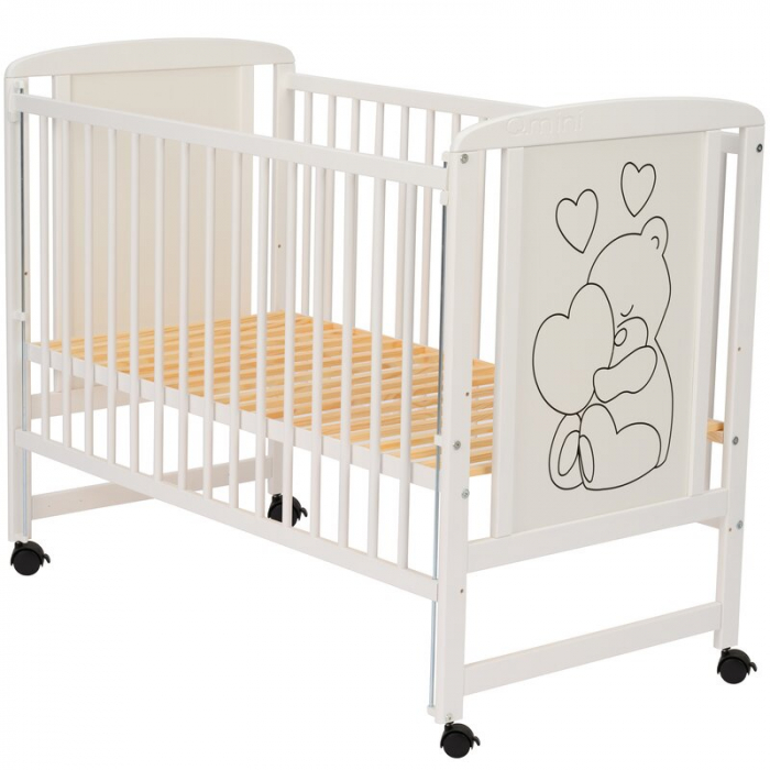 Patut din lemn Timmi Heart 120x60 cm, cu laterala culisanta, cu roti, din lemn de pin, MDF, Somiera reglabila, Alb - Qmini [12]