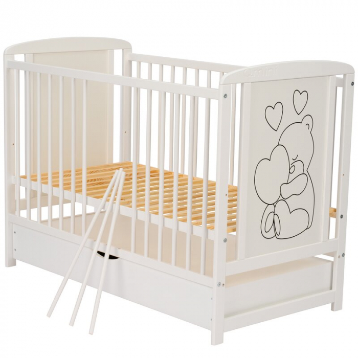 Patut din lemn Timmi Heart 120x60 cm, cu sertar, cu roti, din lemn de pin, MDF, Somiera reglabila, Alb - Qmini [9]