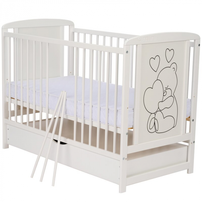 Patut din lemn Timmi Heart 120x60 cm, cu sertar, cu roti, din lemn de pin, MDF, Somiera reglabila, Alb - Qmini [7]