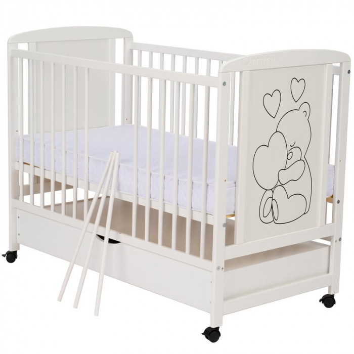 Patut din lemn Timmi Heart 120x60 cm, cu sertar, cu roti, din lemn de pin, MDF, Somiera reglabila, Alb - Qmini [2]