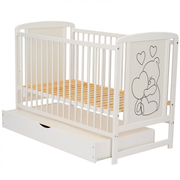 Patut din lemn Timmi Heart 120x60 cm, cu sertar, cu roti, din lemn de pin, MDF, Somiera reglabila, Alb - Qmini [12]