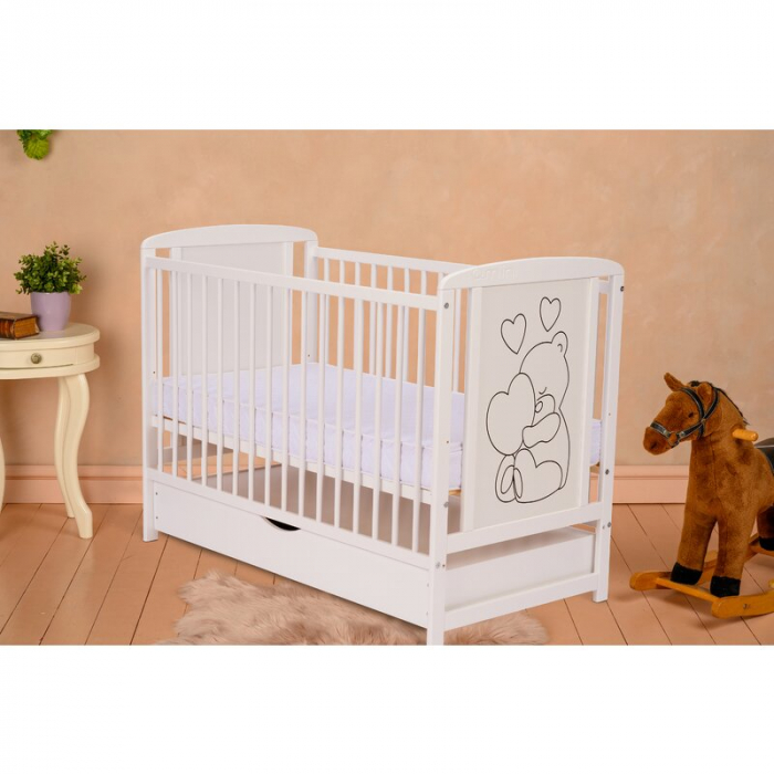 Patut din lemn Timmi Heart 120x60 cm, cu sertar, cu roti, din lemn de pin, MDF, Somiera reglabila, Alb - Qmini [4]
