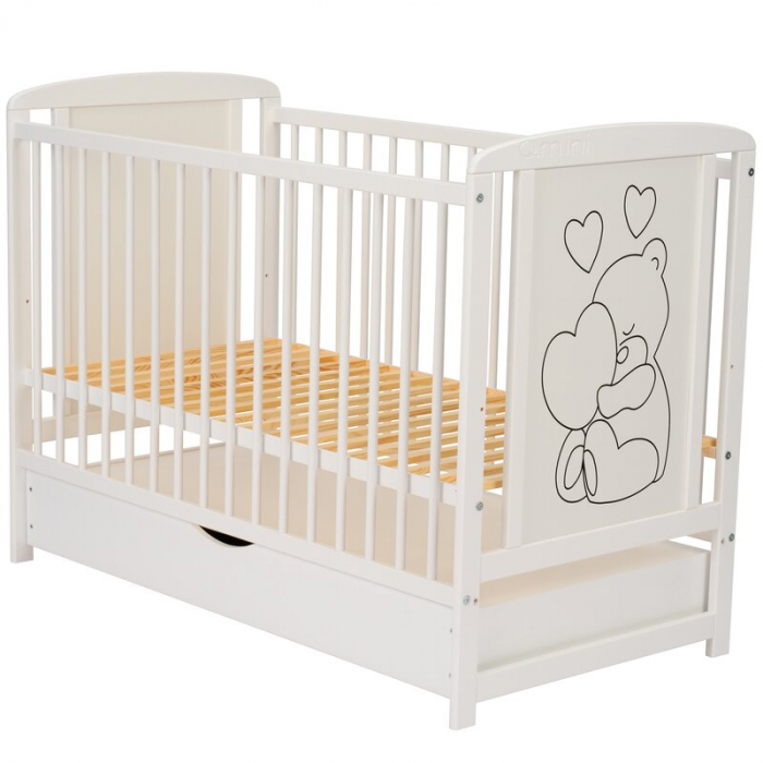 Patut din lemn Timmi Heart 120x60 cm, cu sertar, cu roti, din lemn de pin, MDF, Somiera reglabila, Alb - Qmini [11]