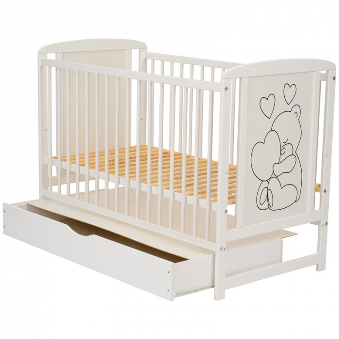 Patut din lemn Timmi Heart 120x60 cm, cu sertar, cu roti, din lemn de pin, MDF, Somiera reglabila, Alb - Qmini [14]