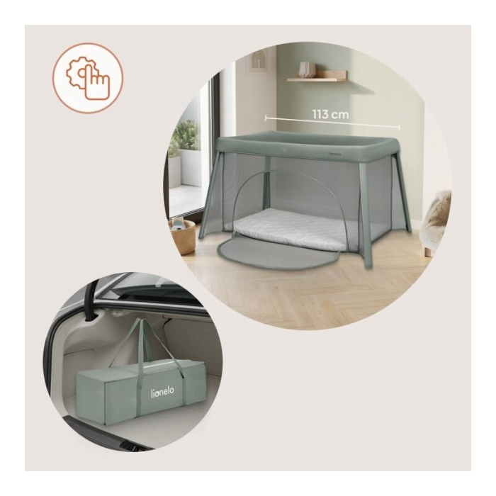 Patut multifunctional, Lionelo, Mila, 2 in 1, Saltea 4 cm cu spuma T25, 2 niveluri de inaltime, Pliere rapida, Intrare laterala, Geanta de transport inclusa, 0-36 luni, Pana la 15 kg, Verde [19]