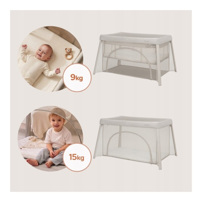 Patut multifunctional, Lionelo, Mila, 2 in 1, Saltea 4 cm cu spuma T25, 2 niveluri de inaltime, Pliere rapida, Intrare laterala, Geanta de transport inclusa, 0-36 luni, Pana la 15 kg, Bej [17]