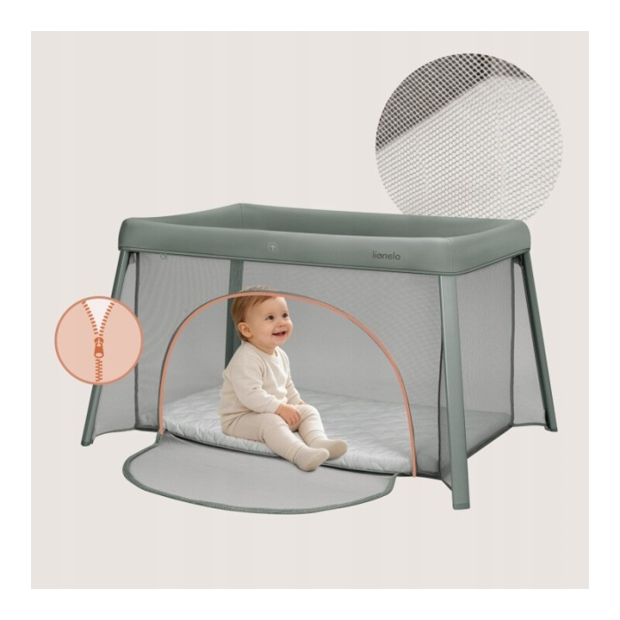 Patut multifunctional, Lionelo, Mila, 2 in 1, Saltea 4 cm cu spuma T25, 2 niveluri de inaltime, Pliere rapida, Intrare laterala, Geanta de transport inclusa, 0-36 luni, Pana la 15 kg, Verde [13]