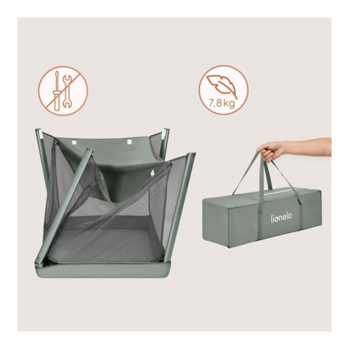 Patut multifunctional, Lionelo, Mila, 2 in 1, Saltea 4 cm cu spuma T25, 2 niveluri de inaltime, Pliere rapida, Intrare laterala, Geanta de transport inclusa, 0-36 luni, Pana la 15 kg, Verde [16]