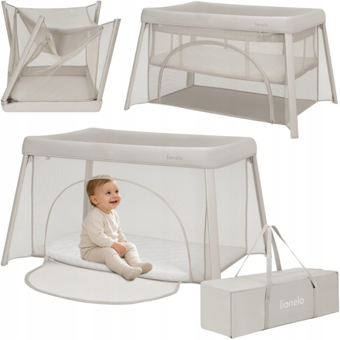 Patut multifunctional, Lionelo, Mila, 2 in 1, Saltea 4 cm cu spuma T25, 2 niveluri de inaltime, Pliere rapida, Intrare laterala, Geanta de transport inclusa, 0-36 luni, Pana la 15 kg, Bej [3]