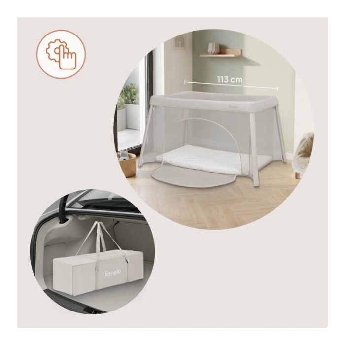 Patut multifunctional, Lionelo, Mila, 2 in 1, Saltea 4 cm cu spuma T25, 2 niveluri de inaltime, Pliere rapida, Intrare laterala, Geanta de transport inclusa, 0-36 luni, Pana la 15 kg, Bej [19]