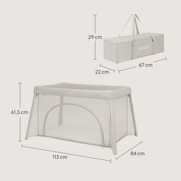 Patut multifunctional, Lionelo, Mila, 2 in 1, Saltea 4 cm cu spuma T25, 2 niveluri de inaltime, Pliere rapida, Intrare laterala, Geanta de transport inclusa, 0-36 luni, Pana la 15 kg, Bej [12]