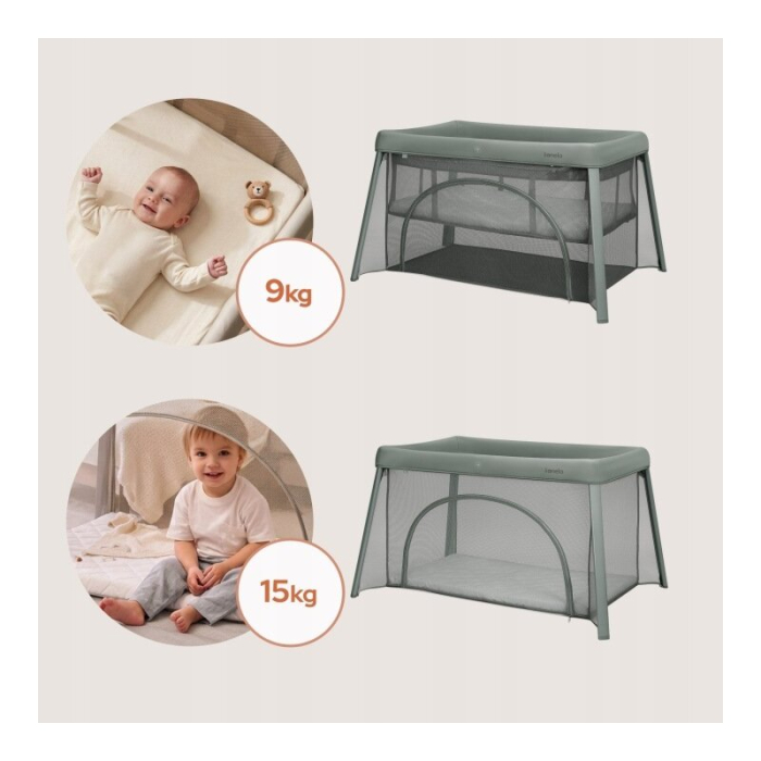 Patut multifunctional, Lionelo, Mila, 2 in 1, Saltea 4 cm cu spuma T25, 2 niveluri de inaltime, Pliere rapida, Intrare laterala, Geanta de transport inclusa, 0-36 luni, Pana la 15 kg, Verde [17]