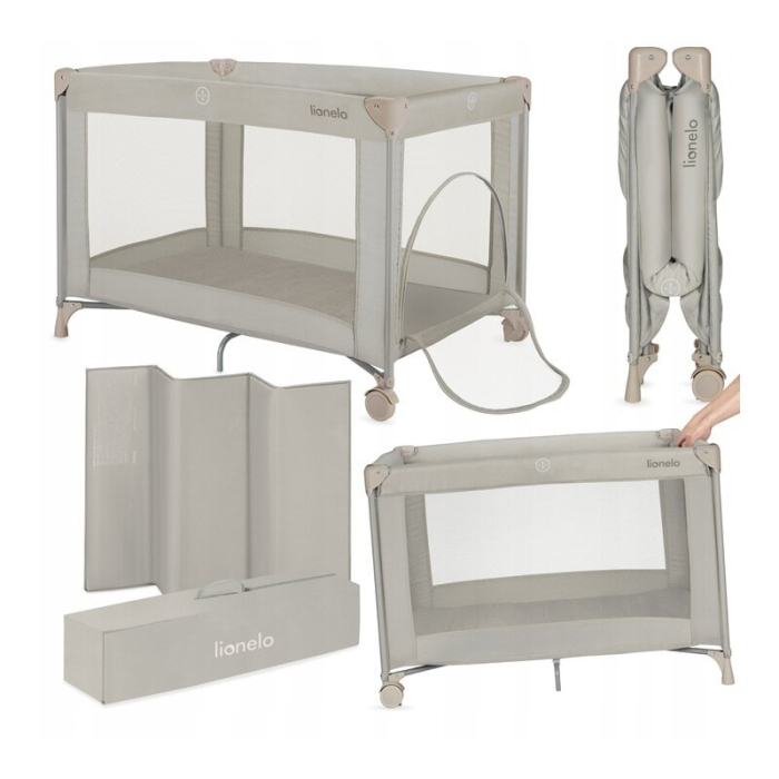 Patut pliant, Lionelo, Amelie, cu intrare laterala, 100.5-70.5 cm, Include salteluta, roti, geanta pentru transport, Constructie usoara- 7 kg, Cadru stabil din otel, Bej [3]