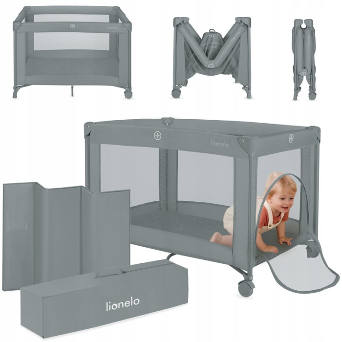 Patut pliant, Lionelo, Amelie, cu intrare laterala, 100.5-70.5 cm, Include salteluta, roti, geanta pentru transport, Constructie usoara- 7 kg, Cadru stabil din otel, Gri [3]