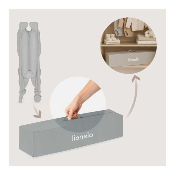Patut pliant, Lionelo, Amelie, cu intrare laterala, 100.5-70.5 cm, Include salteluta, roti, geanta pentru transport, Constructie usoara- 7 kg, Cadru stabil din otel, Gri [14]